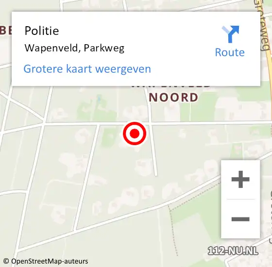 Locatie op kaart van de 112 melding: Politie Wapenveld, Parkweg op 7 mei 2023 13:54
