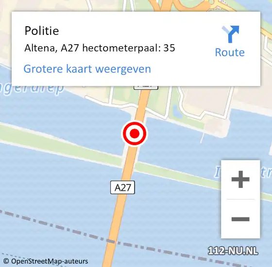 Locatie op kaart van de 112 melding: Politie Altena, A27 hectometerpaal: 35 op 7 mei 2023 15:38