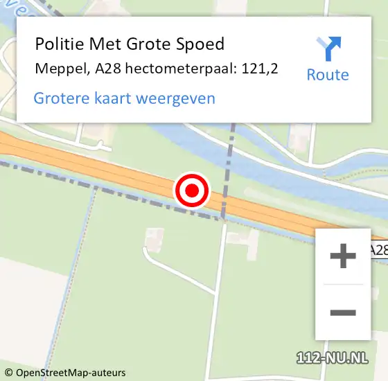 Locatie op kaart van de 112 melding: Politie Met Grote Spoed Naar Meppel, A28 hectometerpaal: 121,2 op 7 mei 2023 16:54