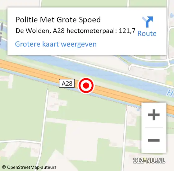 Locatie op kaart van de 112 melding: Politie Met Grote Spoed Naar De Wolden, A28 hectometerpaal: 121,7 op 7 mei 2023 16:55