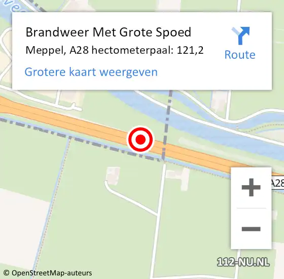 Locatie op kaart van de 112 melding: Brandweer Met Grote Spoed Naar Meppel, A28 hectometerpaal: 121,2 op 7 mei 2023 16:55