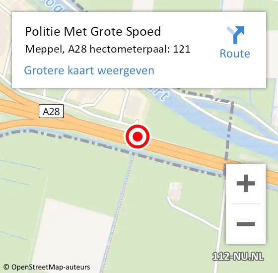 Locatie op kaart van de 112 melding: Politie Met Grote Spoed Naar Meppel, A28 hectometerpaal: 121 op 7 mei 2023 16:59