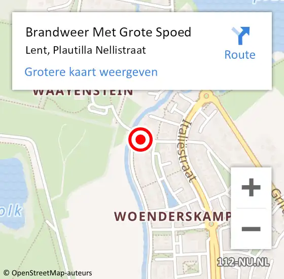 Locatie op kaart van de 112 melding: Brandweer Met Grote Spoed Naar Lent, Plautilla Nellistraat op 7 mei 2023 17:39