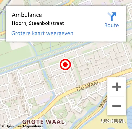 Locatie op kaart van de 112 melding: Ambulance Hoorn, Steenbokstraat op 7 mei 2023 18:12