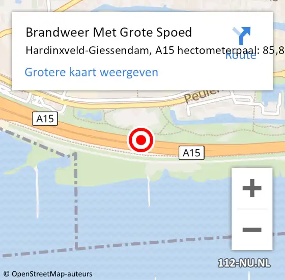 Locatie op kaart van de 112 melding: Brandweer Met Grote Spoed Naar Sliedrecht, A15 hectometerpaal: 85,8 op 7 mei 2023 20:57