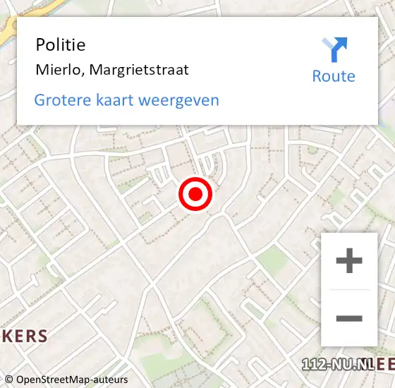 Locatie op kaart van de 112 melding: Politie Mierlo, Margrietstraat op 7 mei 2023 21:04