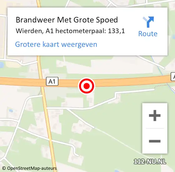 Locatie op kaart van de 112 melding: Brandweer Met Grote Spoed Naar Wierden, A1 hectometerpaal: 133,1 op 7 mei 2023 21:13
