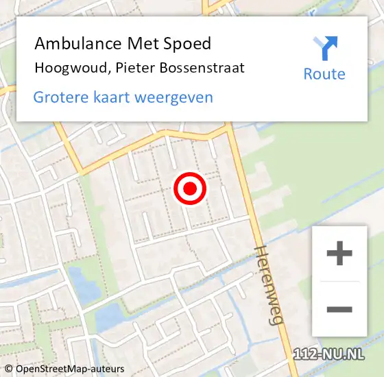 Locatie op kaart van de 112 melding: Ambulance Met Spoed Naar Hoogwoud, Pieter Bossenstraat op 7 mei 2023 22:06