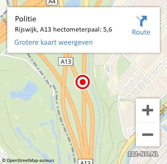 Locatie op kaart van de 112 melding: Politie Rijswijk, A13 hectometerpaal: 5,6 op 7 mei 2023 22:57