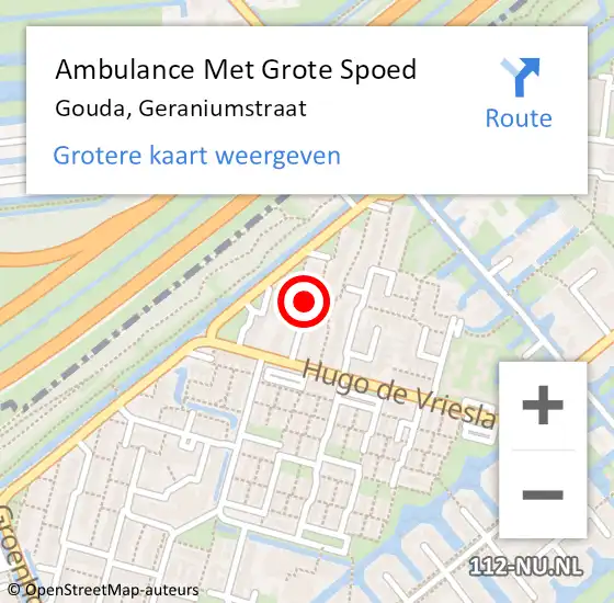 Locatie op kaart van de 112 melding: Ambulance Met Grote Spoed Naar Gouda, Geraniumstraat op 7 mei 2023 23:48