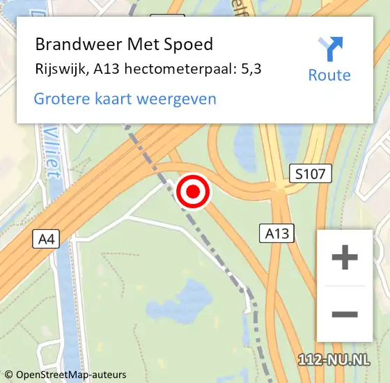 Locatie op kaart van de 112 melding: Brandweer Met Spoed Naar Rijswijk, A13 hectometerpaal: 5,3 op 8 mei 2023 00:07