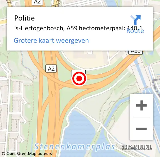 Locatie op kaart van de 112 melding: Politie 's-Hertogenbosch, A59 hectometerpaal: 140,1 op 8 mei 2023 01:05