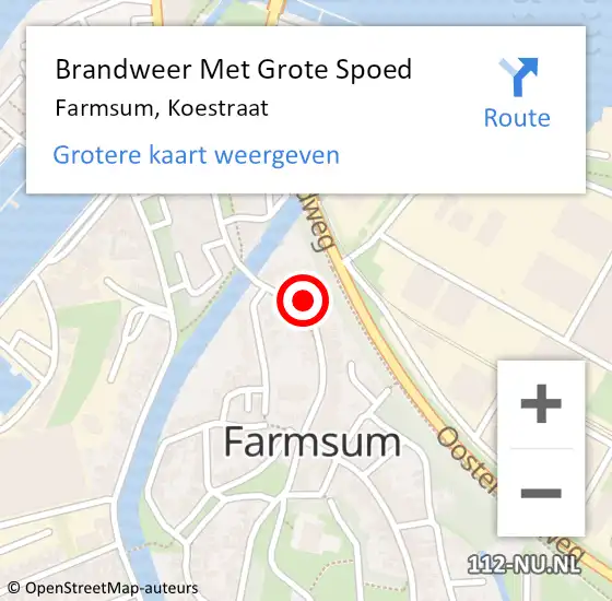 Locatie op kaart van de 112 melding: Brandweer Met Grote Spoed Naar Farmsum, Koestraat op 8 mei 2023 04:34