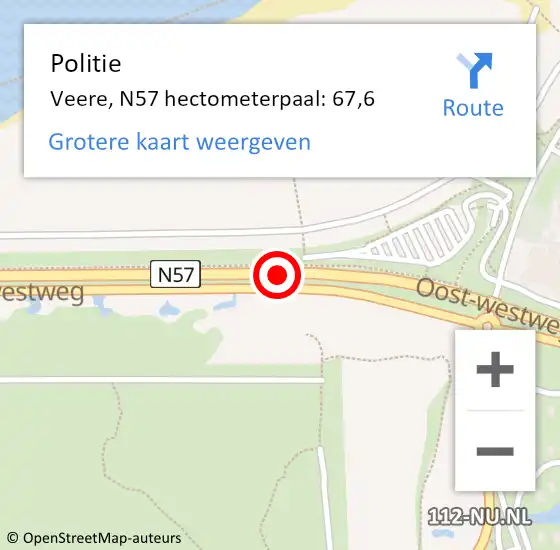 Locatie op kaart van de 112 melding: Politie Veere, N57 hectometerpaal: 67,6 op 8 mei 2023 08:03