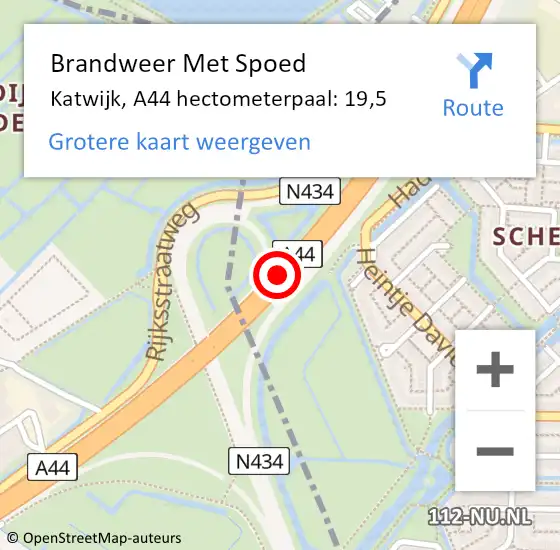 Locatie op kaart van de 112 melding: Brandweer Met Spoed Naar Katwijk, A44 hectometerpaal: 19,5 op 8 mei 2023 08:19