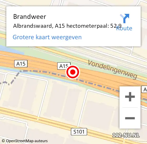 Locatie op kaart van de 112 melding: Brandweer Albrandswaard, A15 hectometerpaal: 52,9 op 8 mei 2023 08:29