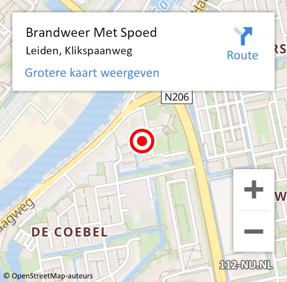 Locatie op kaart van de 112 melding: Brandweer Met Spoed Naar Leiden, Klikspaanweg op 8 mei 2023 09:54
