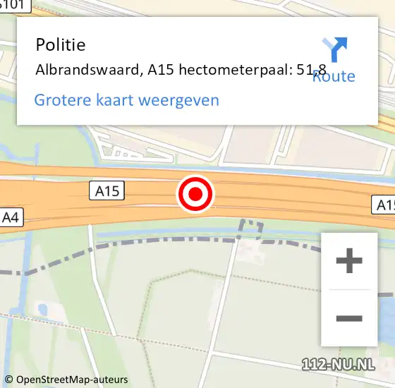 Locatie op kaart van de 112 melding: Politie Albrandswaard, A15 hectometerpaal: 51,8 op 8 mei 2023 10:48