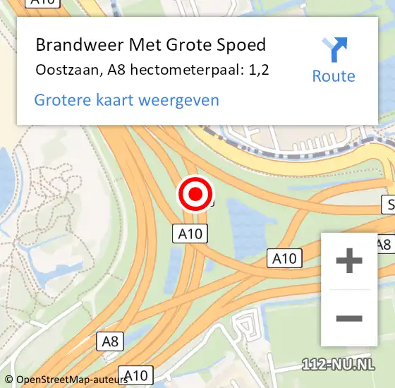 Locatie op kaart van de 112 melding: Brandweer Met Grote Spoed Naar Oostzaan, A8 hectometerpaal: 1,2 op 8 mei 2023 12:43