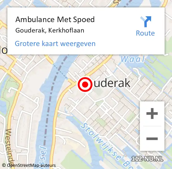 Locatie op kaart van de 112 melding: Ambulance Met Spoed Naar Gouderak, Kerkhoflaan op 8 mei 2023 13:21
