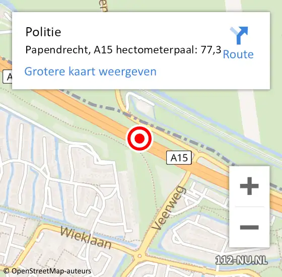 Locatie op kaart van de 112 melding: Politie Papendrecht, A15 hectometerpaal: 77,3 op 8 mei 2023 15:54