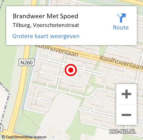 Locatie op kaart van de 112 melding: Brandweer Met Spoed Naar Tilburg, Voorschotenstraat op 8 mei 2023 16:23