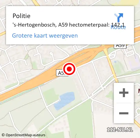 Locatie op kaart van de 112 melding: Politie 's-Hertogenbosch, A59 hectometerpaal: 142,1 op 8 mei 2023 16:28