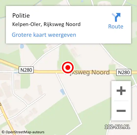 Locatie op kaart van de 112 melding: Politie Kelpen-Oler, Rijksweg Noord op 8 mei 2023 16:31