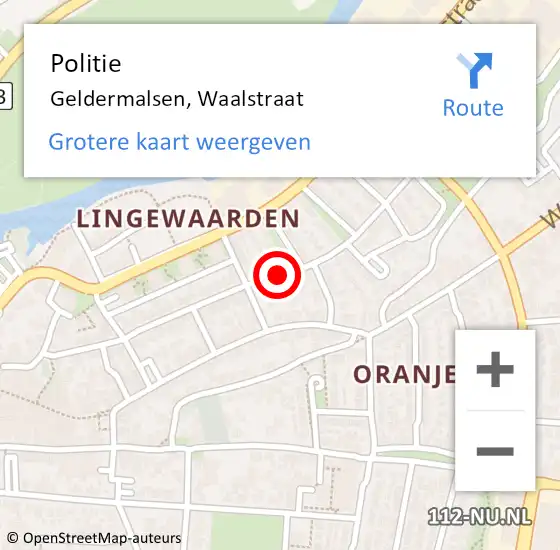 Locatie op kaart van de 112 melding: Politie Geldermalsen, Waalstraat op 8 mei 2023 16:48
