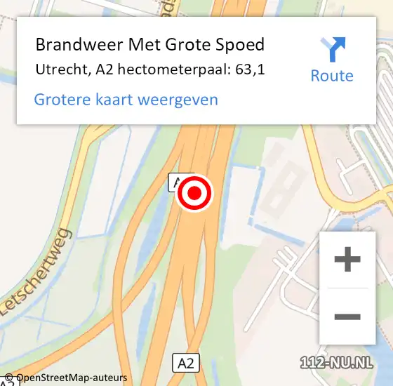 Locatie op kaart van de 112 melding: Brandweer Met Grote Spoed Naar Utrecht, A2 hectometerpaal: 63,1 op 8 mei 2023 17:55