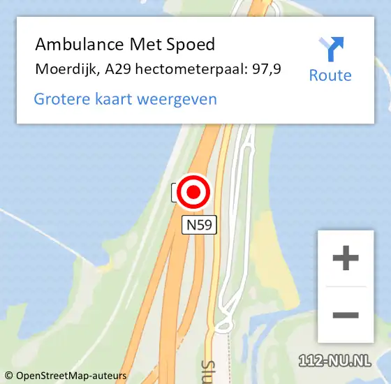 Locatie op kaart van de 112 melding: Ambulance Met Spoed Naar Moerdijk, A29 hectometerpaal: 97,9 op 8 mei 2023 18:51