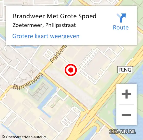 Locatie op kaart van de 112 melding: Brandweer Met Grote Spoed Naar Zoetermeer, Philipsstraat op 8 mei 2023 18:55