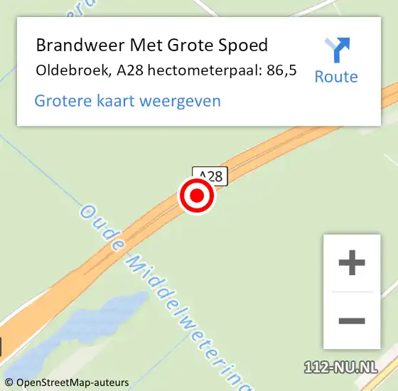Locatie op kaart van de 112 melding: Brandweer Met Grote Spoed Naar Oldebroek, A28 hectometerpaal: 86,5 op 8 mei 2023 20:31