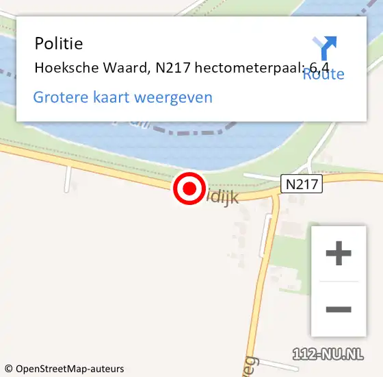 Locatie op kaart van de 112 melding: Politie Hoeksche Waard, N217 hectometerpaal: 6,4 op 8 mei 2023 22:17