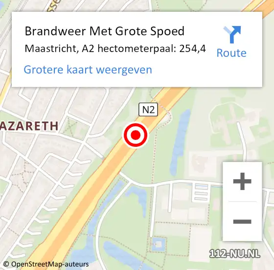 Locatie op kaart van de 112 melding: Brandweer Met Grote Spoed Naar Maastricht, A2 hectometerpaal: 254,4 op 8 mei 2023 22:19