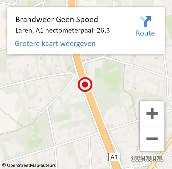 Locatie op kaart van de 112 melding: Brandweer Geen Spoed Naar Laren, A1 hectometerpaal: 26,3 op 9 mei 2023 06:29