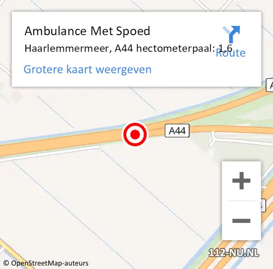 Locatie op kaart van de 112 melding: Ambulance Met Spoed Naar Haarlemmermeer, A44 hectometerpaal: 1,6 op 9 mei 2023 09:01