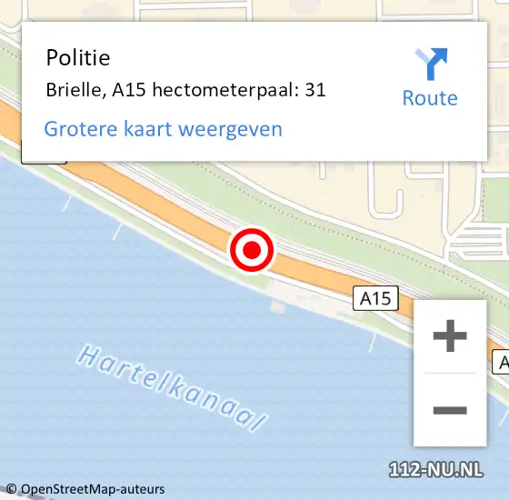 Locatie op kaart van de 112 melding: Politie Brielle, A15 hectometerpaal: 31 op 9 mei 2023 09:18