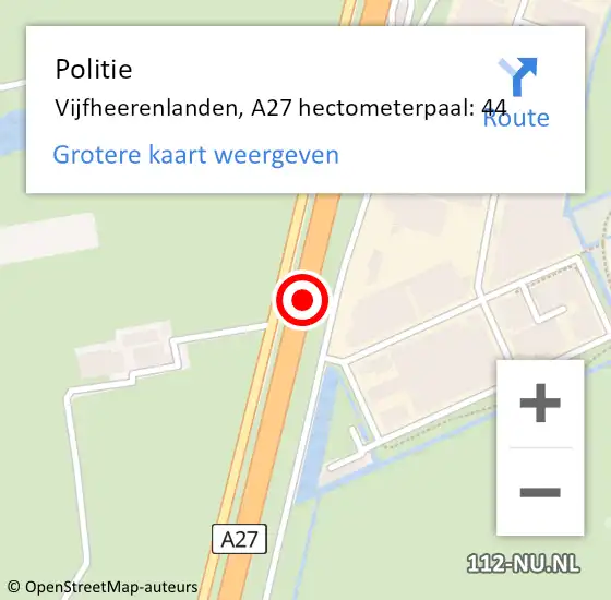 Locatie op kaart van de 112 melding: Politie Vijfheerenlanden, A27 hectometerpaal: 44 op 9 mei 2023 14:08