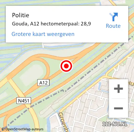 Locatie op kaart van de 112 melding: Politie Gouda, A12 hectometerpaal: 28,9 op 9 mei 2023 15:01