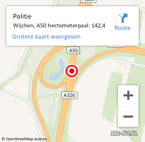 Locatie op kaart van de 112 melding: Politie Wijchen, A50 hectometerpaal: 142,4 op 9 mei 2023 15:53