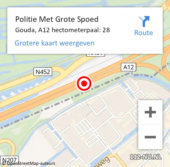 Locatie op kaart van de 112 melding: Politie Met Grote Spoed Naar Gouda, A12 hectometerpaal: 28 op 9 mei 2023 16:07