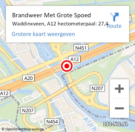 Locatie op kaart van de 112 melding: Brandweer Met Grote Spoed Naar Waddinxveen, A12 hectometerpaal: 27,4 op 9 mei 2023 16:10