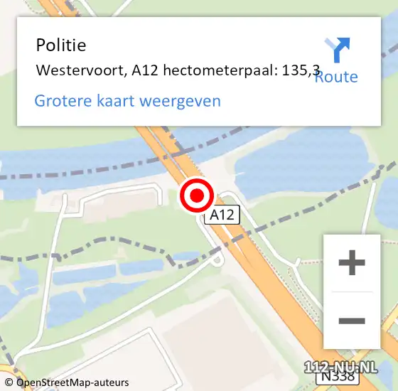 Locatie op kaart van de 112 melding: Politie Westervoort, A12 hectometerpaal: 135,3 op 9 mei 2023 16:37