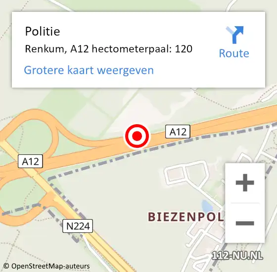 Locatie op kaart van de 112 melding: Politie Renkum, A12 hectometerpaal: 120 op 9 mei 2023 17:12