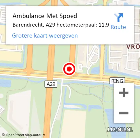 Locatie op kaart van de 112 melding: Ambulance Met Spoed Naar Barendrecht, A29 hectometerpaal: 11,9 op 9 mei 2023 18:19