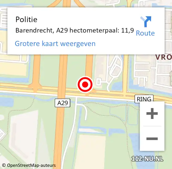 Locatie op kaart van de 112 melding: Politie Barendrecht, A29 hectometerpaal: 11,9 op 9 mei 2023 18:20