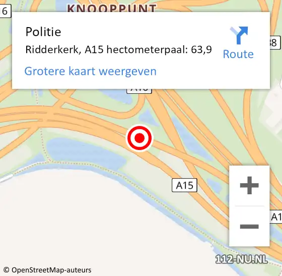 Locatie op kaart van de 112 melding: Politie Ridderkerk, A15 hectometerpaal: 63,9 op 9 mei 2023 18:31