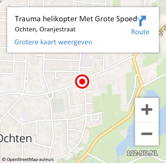 Locatie op kaart van de 112 melding: Trauma helikopter Met Grote Spoed Naar Ochten, Oranjestraat op 9 mei 2023 18:48