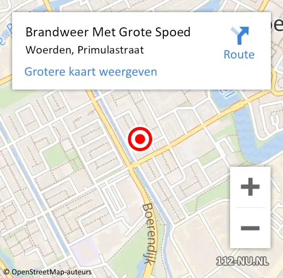 Locatie op kaart van de 112 melding: Brandweer Met Grote Spoed Naar Woerden, Primulastraat op 9 mei 2023 18:57